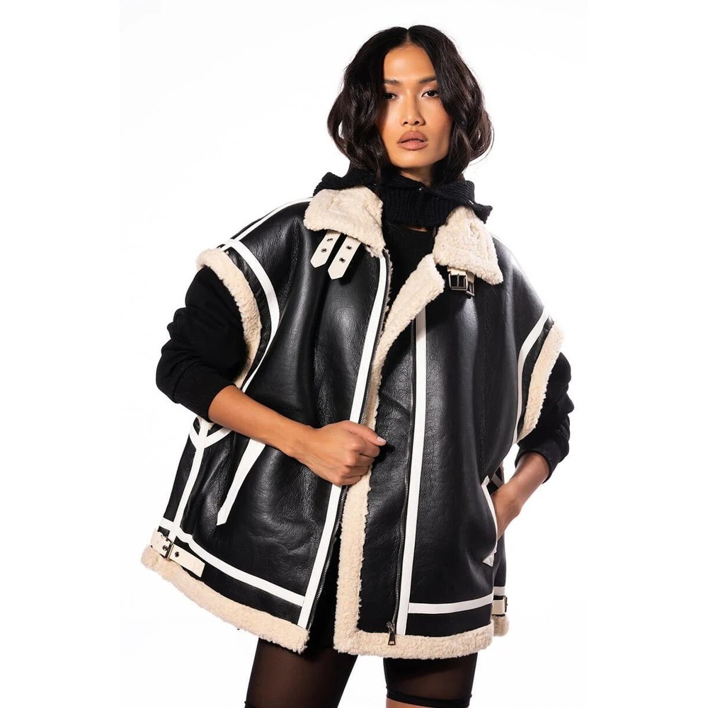 Akira Felix Aviator Vest Womens OS Black Faux Leather Shearling Buckle Moto